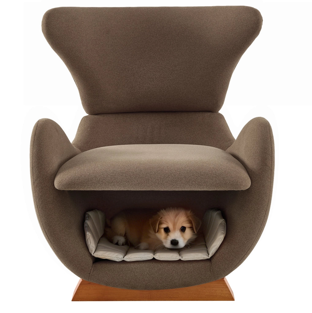 Poltrona lounge per persone e animali con cuccia integrata in tessuto e legno; marrone