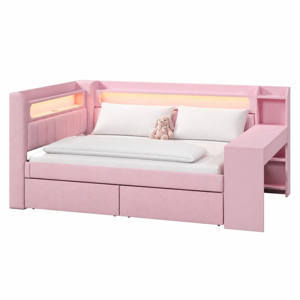 Daybed imbottito 140x200 cm con USB; LED; scrivania e 2 cassetti; rosa
