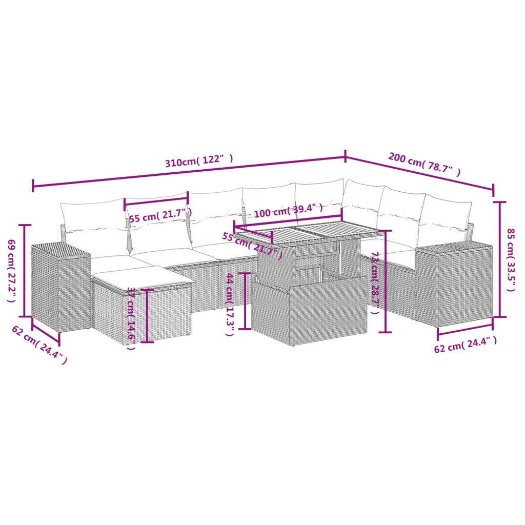 Set Divani da Giardino 9 pz con Cuscini Nero in Polyrattan 3272771