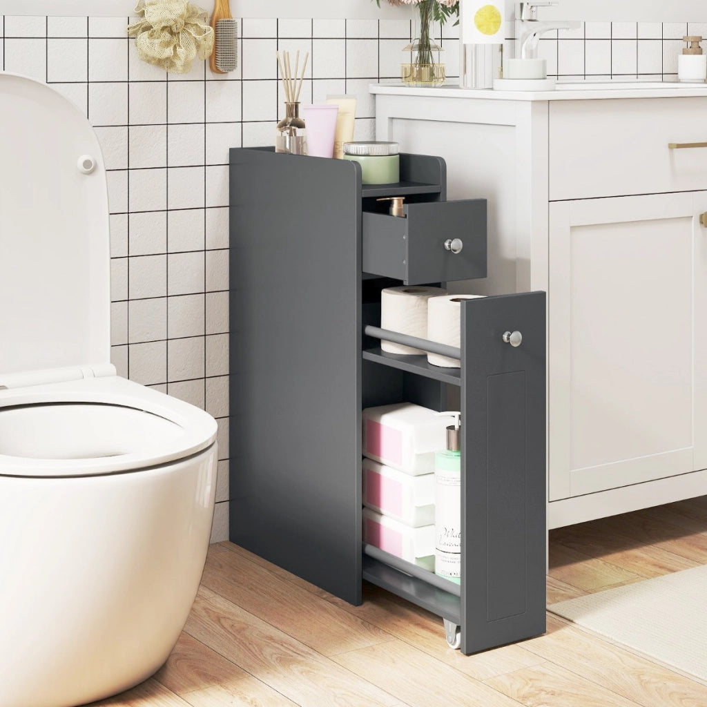 Armadietto da bagno stretto a 4 ripiani con cassetti estraibili, Armadietto da bagno armadio da bagno Grigio-Armadietti da bagno