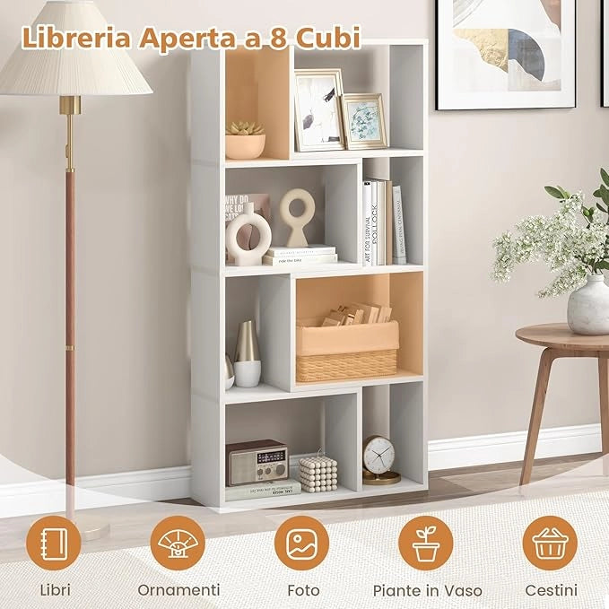 Libreria Geometrica a 4 Ripiani, Organizzatore Moderno con 8 Cubi, Mensola Espositiva a Pavimento, Mobile di Stoccaggio in Legno per Soggiorno Camera da Letto Studio, 60x20x120 cm (Bianco)