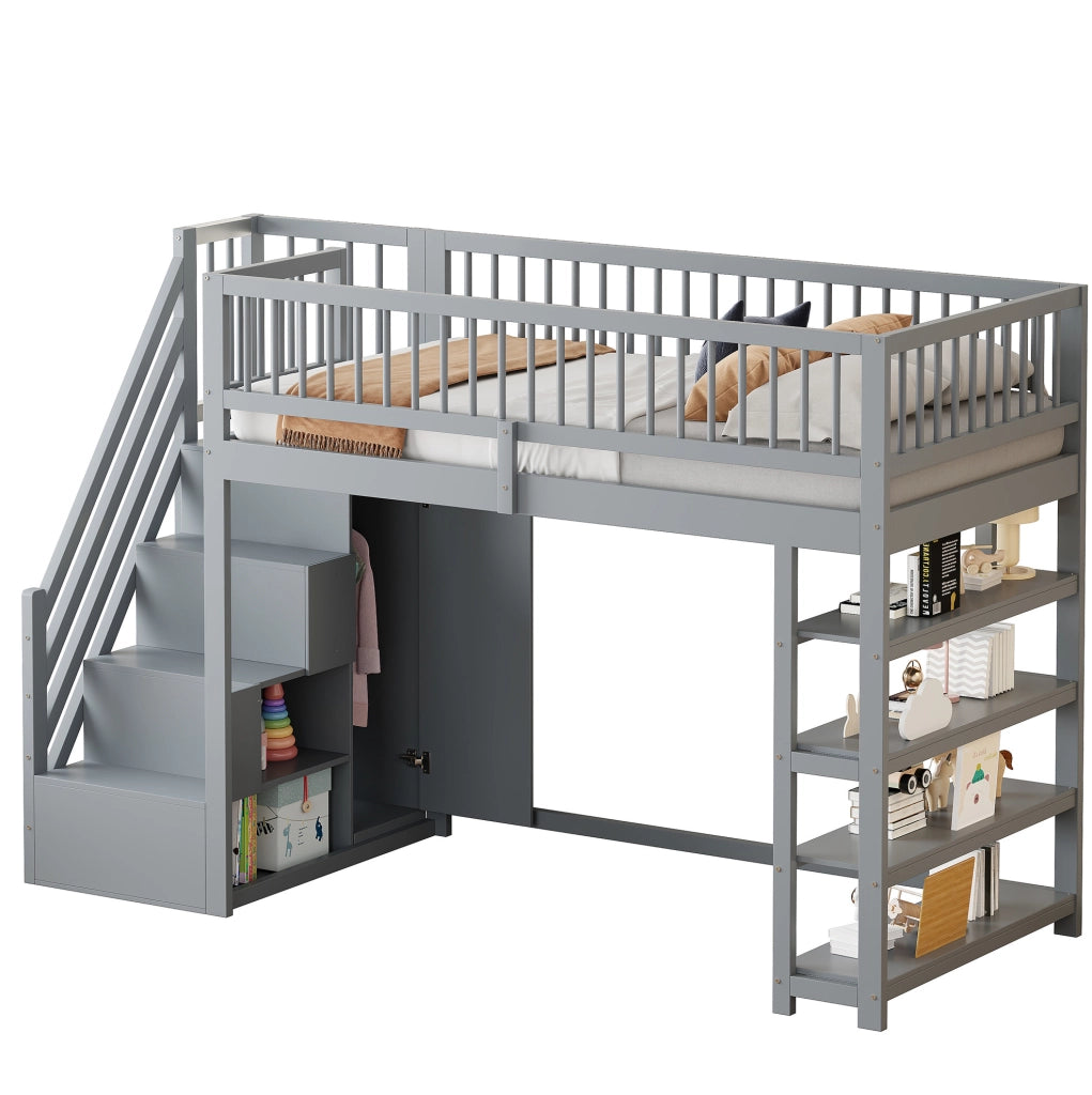 Letto a soppalco grigio 90 x 200 cm con armadio, ripiani e scala