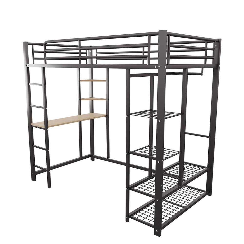 Letto a Castello Bambini – Xylo – 90x200cm Nero, con Scala, Tavolo Sospeso, Scomparti Ripostiglio
