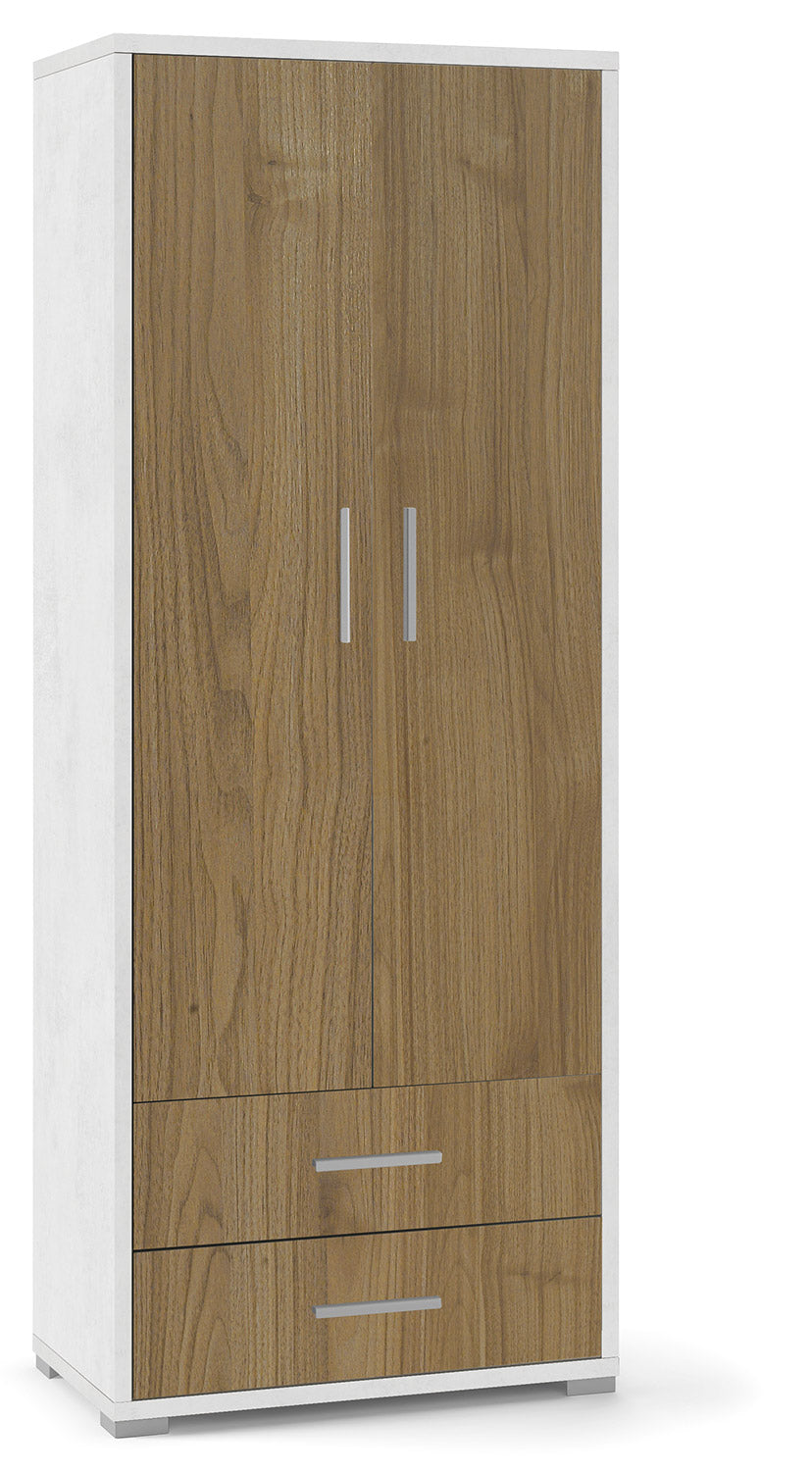 Armadio 2 Ante 2 Cassetti 71x182x41 cm Ossido Bianco/Noce Stelvio