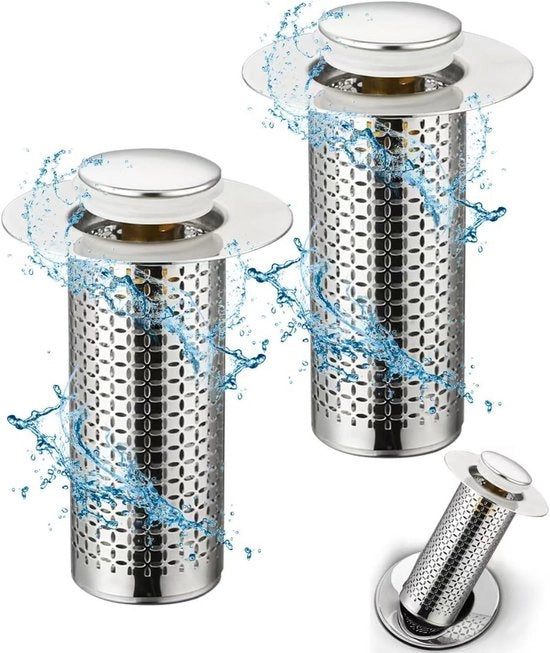 2x Stop di Spazzatura a Scomparsa con Filtro Antimancanza - Filtro di Scarico in Acciaio Inox per Cucina e Bagno