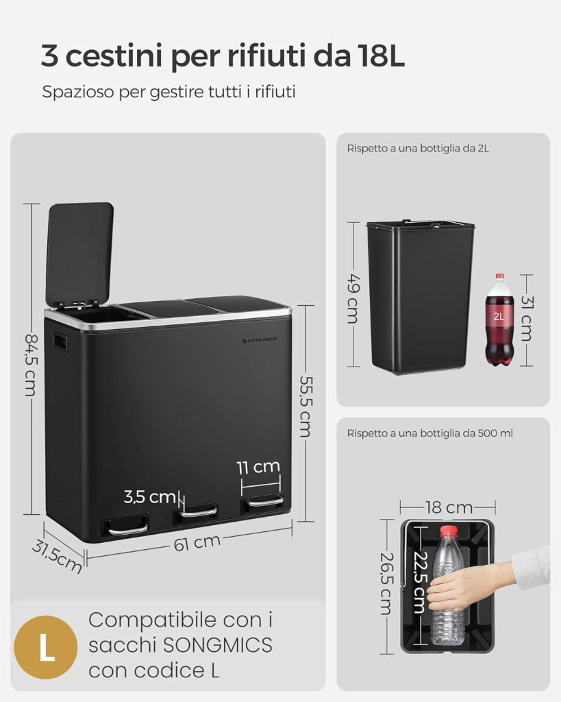 SONGMICS Cestino da Cucina, Pattumiera per Raccolta Differenziata 3 x 18L, 3 Scomparti per Riciclaggio, Coperchi a Chiusura Morbida, Pedali, Acciaio, Nero Inchiostro LTB54BK