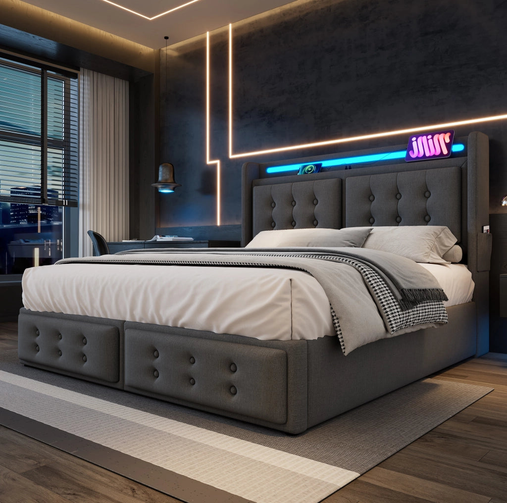 Letto imbottito 140x200 con LED, prese USB e vano contenitore