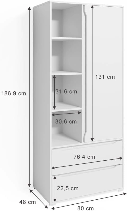 Armadio multifunzione Ruben, Bianco, 80 x 189.9 cm, per la conservazione di abiti e combinabile con i mobili Ruben
