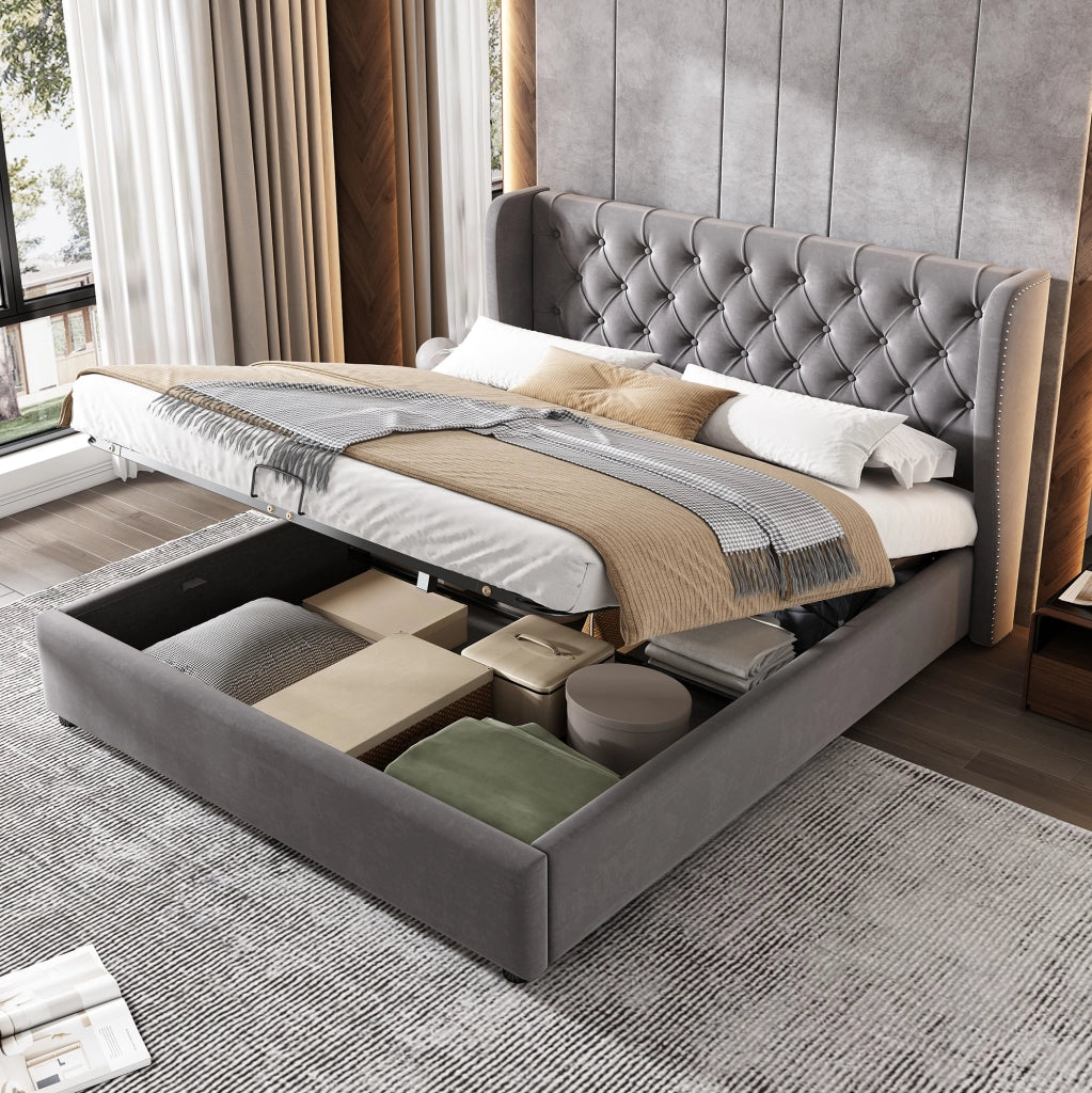 Letto matrimoniale 140x190 cm contenitore idraulico; velluto; grigio (Senza materasso)
