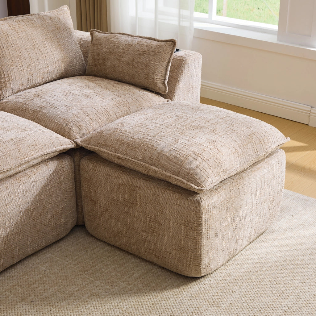 Divano modulare 3 posti color cachi con pouf; 256x161x75 cm; in ciniglia