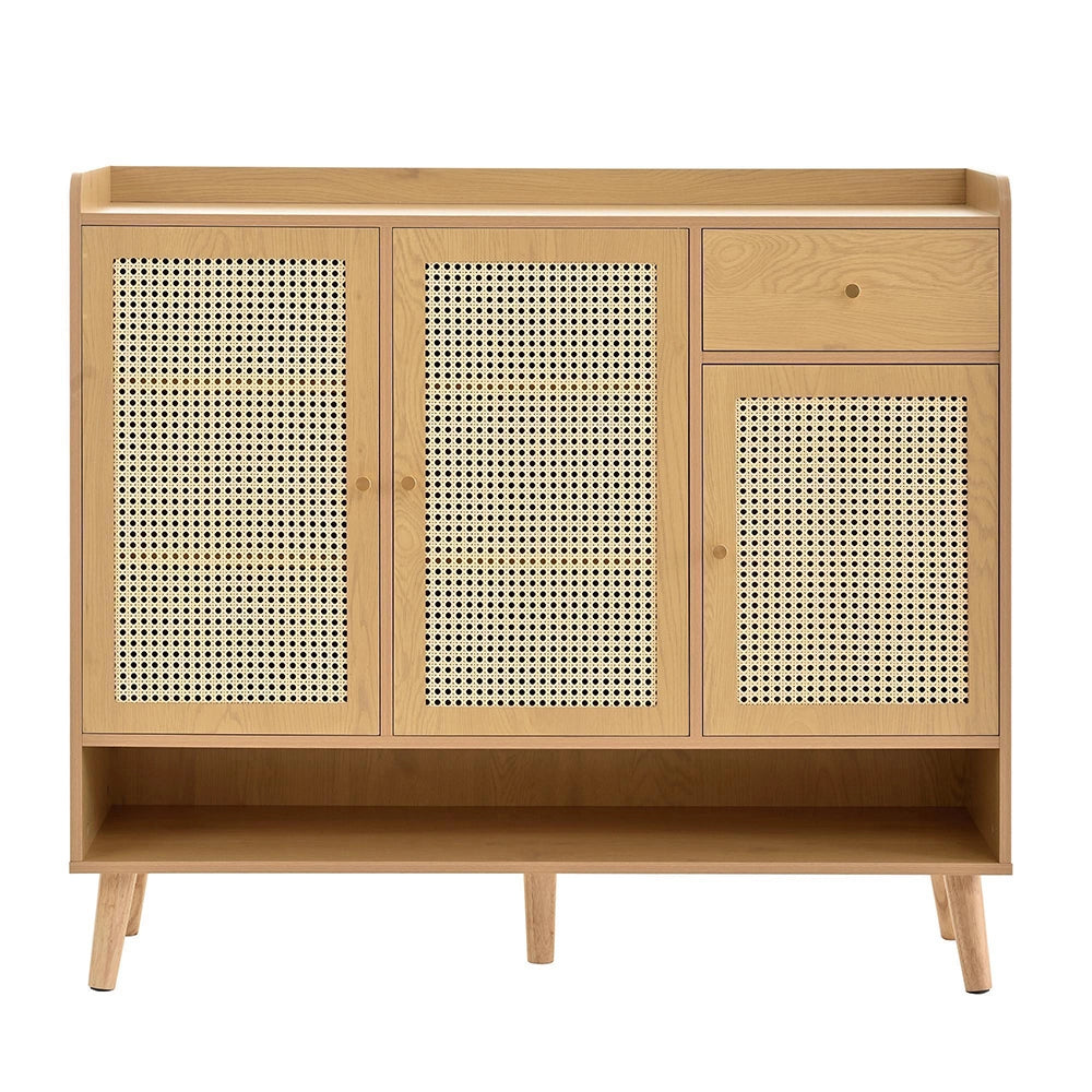 Armadio scarpe in vimini naturale - Xylo - 3 ante, 1 cassetto, 5 ripiani, piedi in legno, 120x106x35 cm