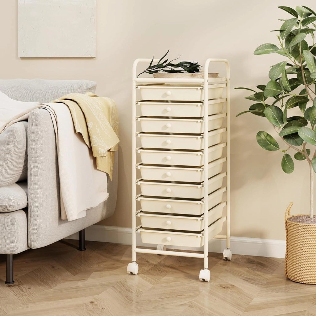 Carrello cassettiera multiuso con 10 cassetti da cucina, Contenitore con ruote a 10 ripiani per bagno Bianco