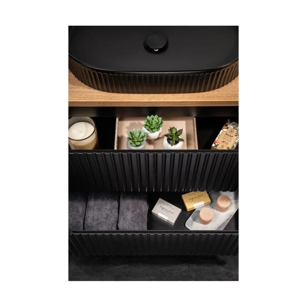 Set VANO 80cm: mobile sottolavabo con nicchie visibili a cassetti + piano per lavabo in rovere chiaro