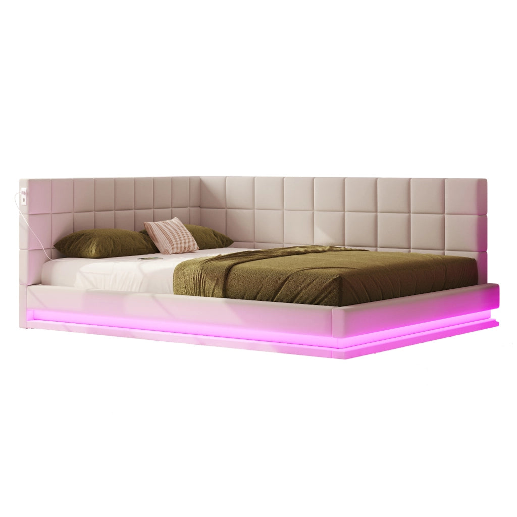 OKWISH Letto Divano 160×200 cm, Letto Matrimoniale con LED Multicolore, USB e Doghe, senza Materasso, in Tessuto Lino, Beige