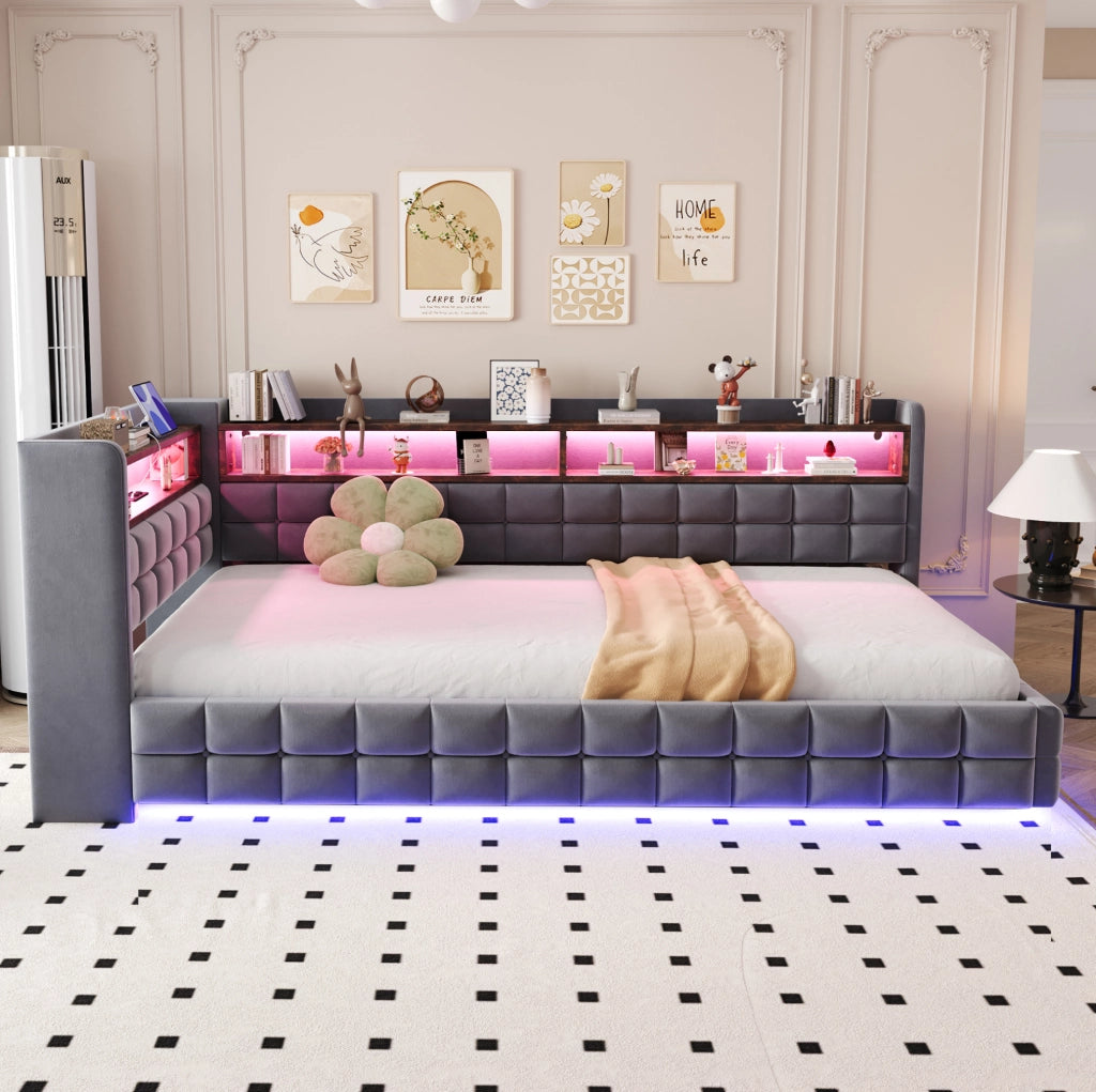 Divano letto imbottito con contenitore 90x200 cm; LED; prese USB e Tipo-C; grigio