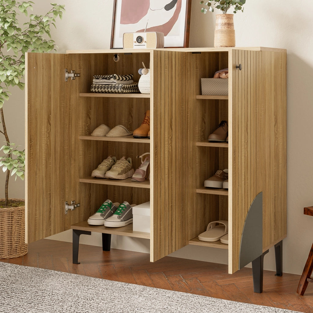 Scarpiera moderna 90x32x94 cm in effetto legno con ante; ripiani interni e gambe nere