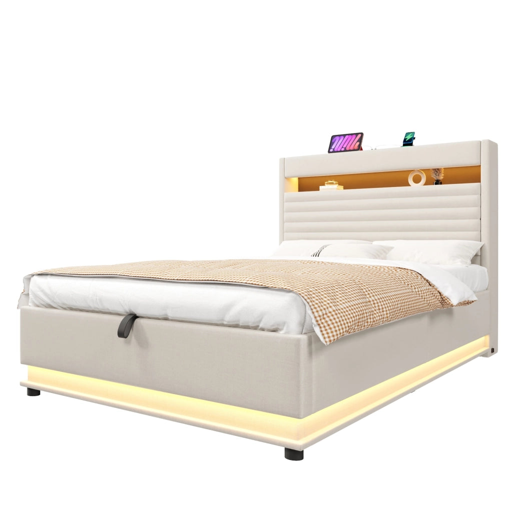 Letto imbottito con contenitore 140x200 cm in lino beige; LED e ricarica USB Type-C