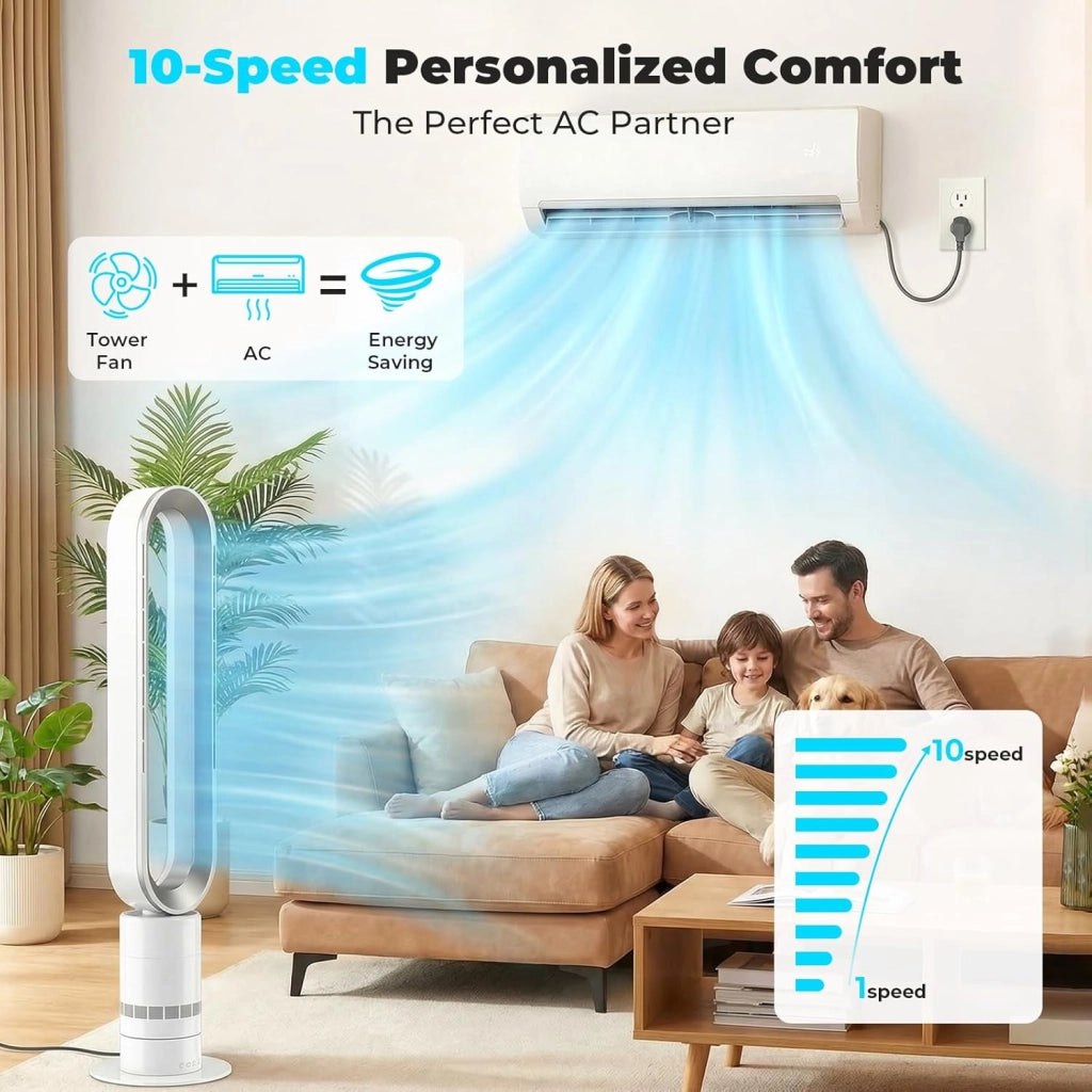 Ventilatore a torre senza lama, 10 velocità, oscillante a 71°, timer 9H, con telecomando, sicurezza per bambini, silenziatore, con display a LED, per camera da letto, ufficio