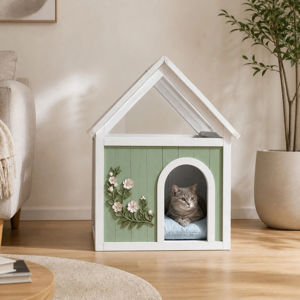 Cuccia per gatti e cani di piccola taglia in legno FSC; colore menta; con tetto trasparente