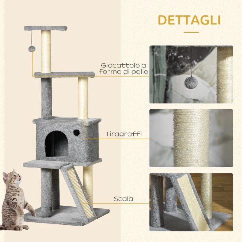 ALBERO TIRAGRAFFI MULTILIVELLO CON CASETTA, SCALA, PALLINA E PALI IN SISAL, 48X48X125 CM, GRIGIO