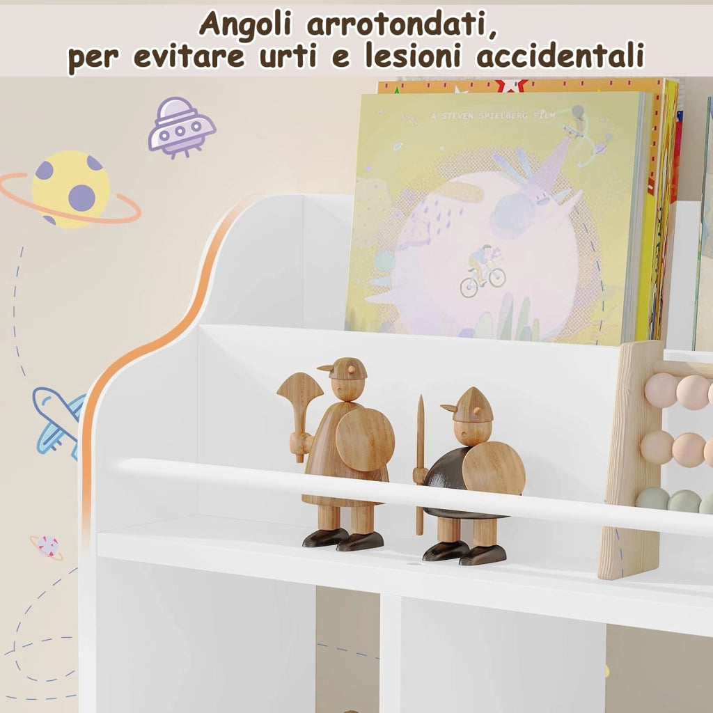 Scaffale per Bambini, Scaffale a Muro per Libri, Scaffale a Muro per Libri, Unità di Archiviazione con 3 Cubi Aperti, 4 Pomelli per Appendere, Mobili per Asilo Nido, Bianco