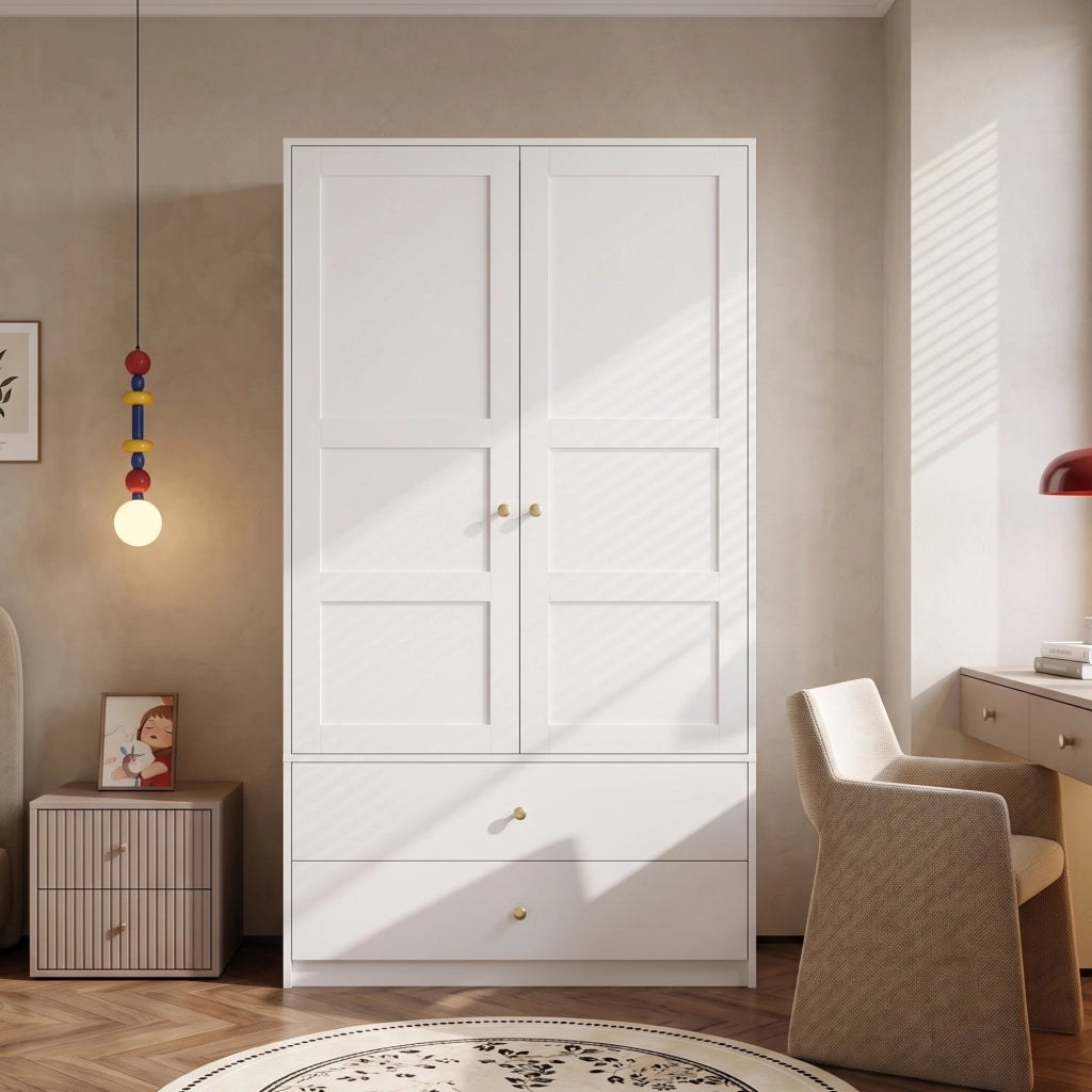 Armadio 2 ante con 2 cassetti e barra appendiabiti in MDF bianco per camera da letto 100 × 48 × 180 cm