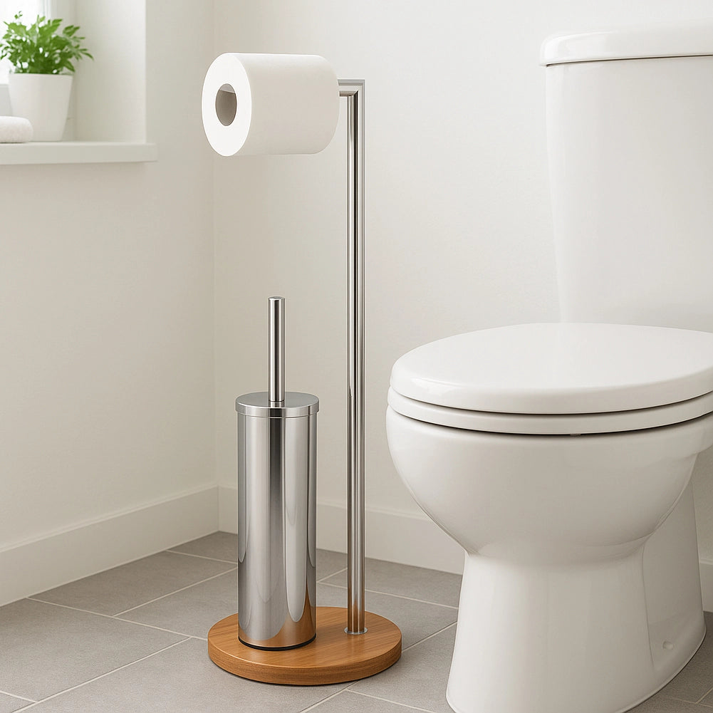 Piantana Portascopino e Portarotolo Bagno Acciaio e Bambù Porta Rotolo e Scopino