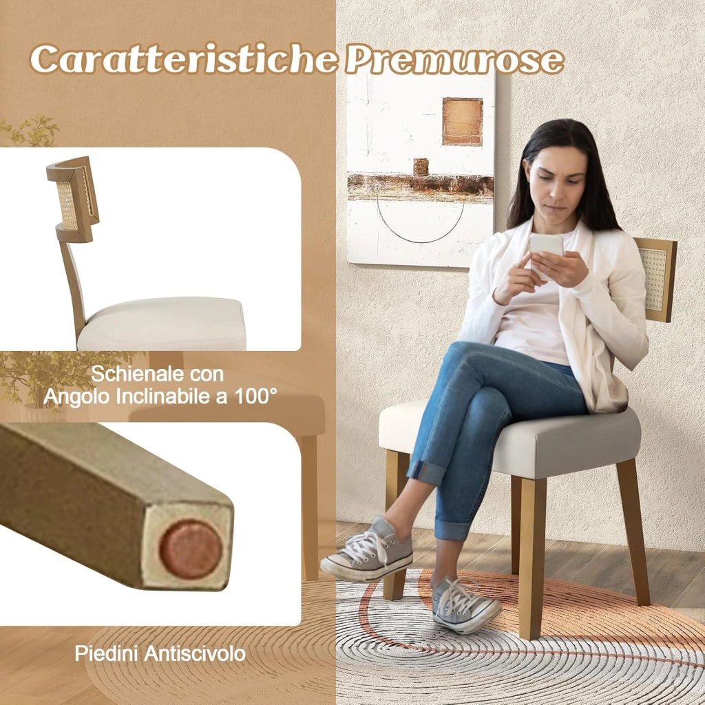 Set di 2 Sedie da Pranzo Imbottita, Sedia con Sedile Comodo, Schienale Curvo in Rattan e Piedini Antiscivoli per Soggiorno, Sala da Pranzo e Studio, Portata 180 kg (Beige)