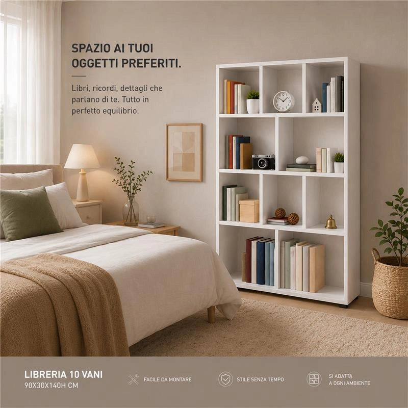 LIBRERIA MODERNA IN LEGNO BIANCO CON 10 RIPIANI SFALSATI DIMENSIONI 90X30X140 CM