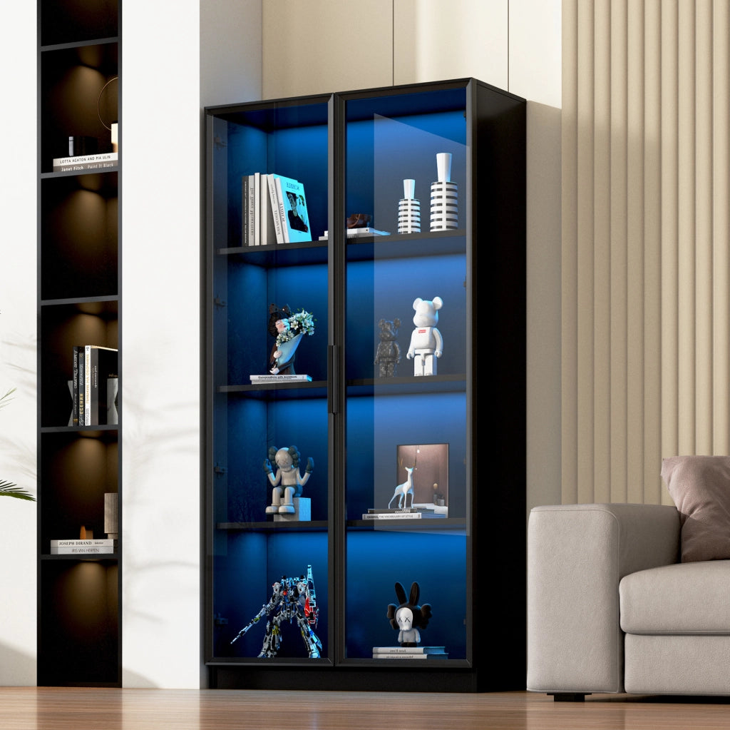 Vetrina a due ante in vetro nera con luci LED regolabili e ripiani mobili per ordine elegante