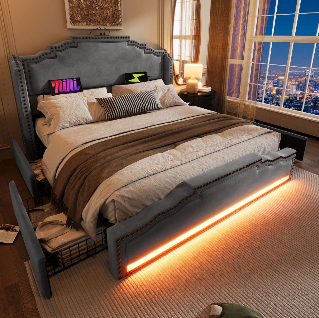 Letto matrimoniale 160x200 cm con 4 cassetti; LED; prese USB e Type-C; velluto grigio
