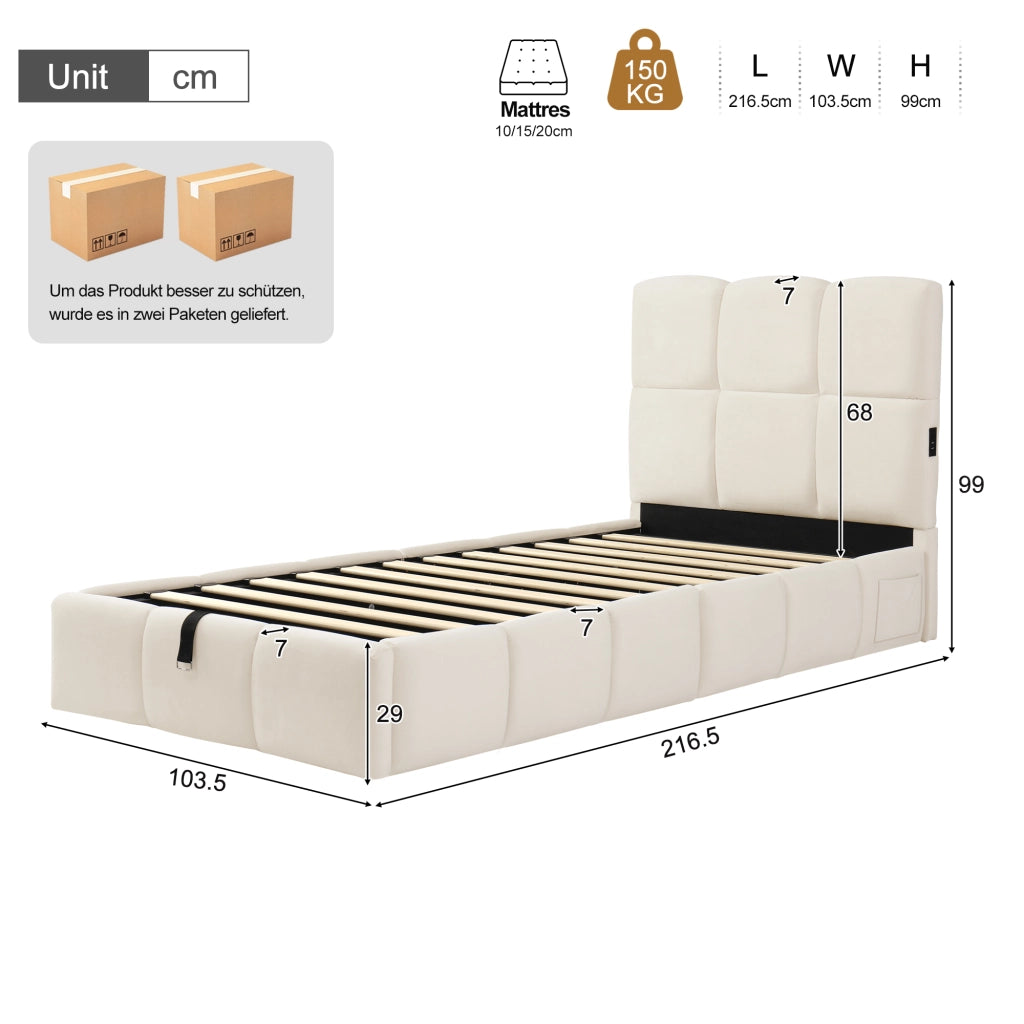 DESMIU Letto bambino 90 × 200 cm con contenitore idraulico, USB-C e velluto, senza materasso, beige