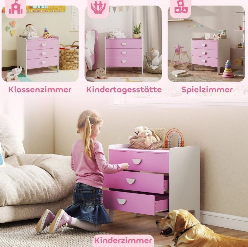 Cassettiera per bambini rosa e bianca con 3 cassetti