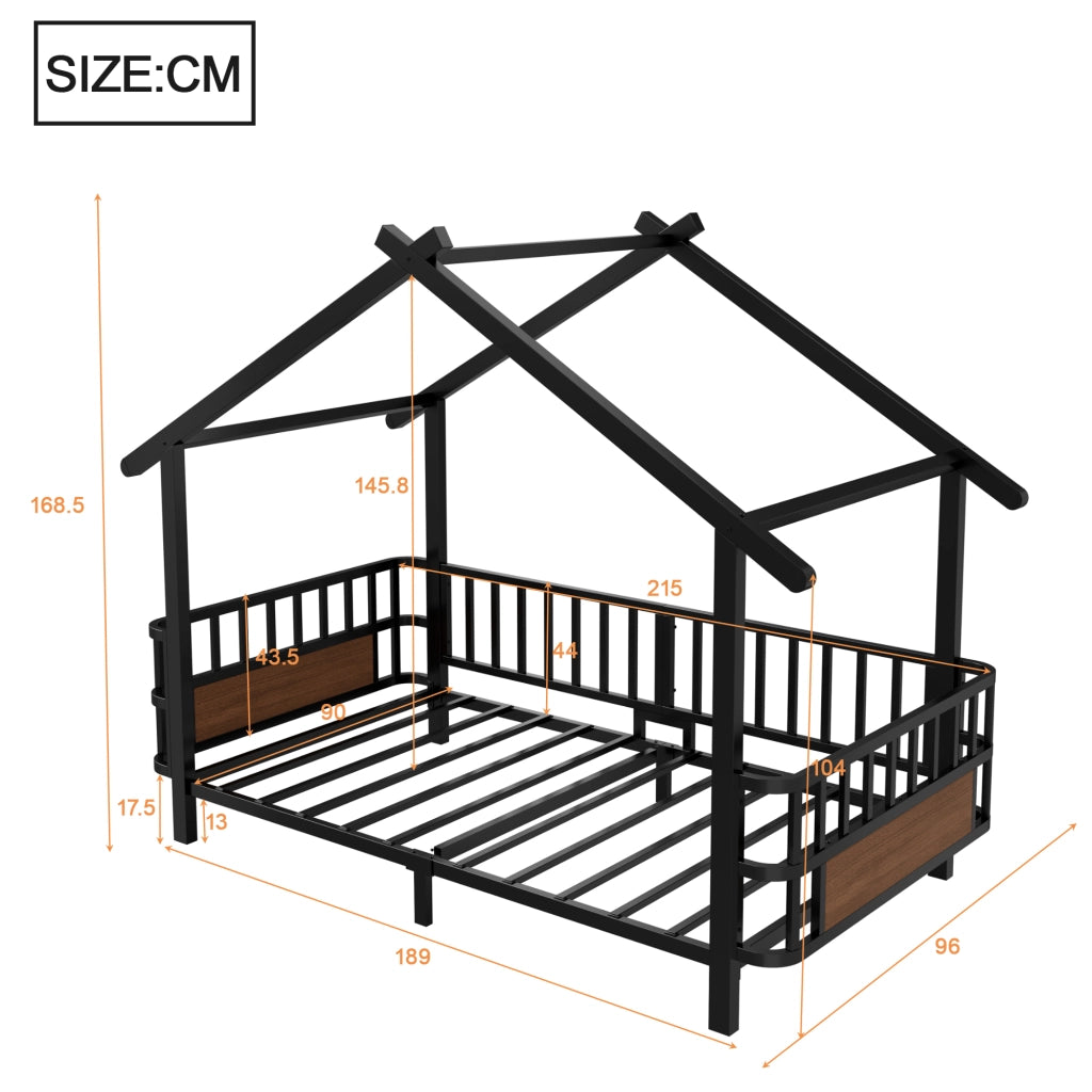 Letto per bambini 90 × 200 cm con barriera di sicurezza et struttura a casetta, senza materasso, in metallo, nero