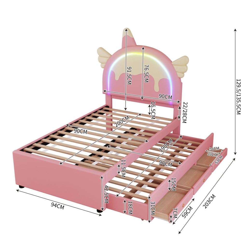 Letto Estraibile 90×200 cm; Singolo con Testiera a Unicorno e Letto Estraibile; senza Materasso; Rosa