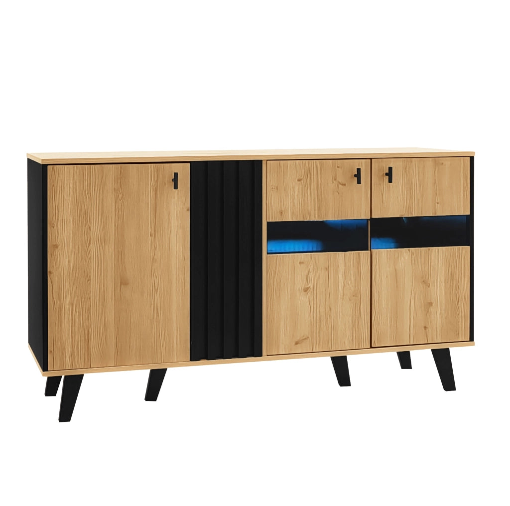 Sideboard 140x78,5x41 cm in legno e nero con LED, ripiani interni e porta a vetro