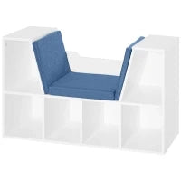 Libreria Panca 2 in 1, Design Contemporaneo, con 6 Scomparti, 3 Cuscini Inclusi, 102L x 30P x 61A cm, Bianco e Blu