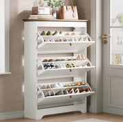 Scarpiera salvaspazio con 3 ribalte 87 x 26 x 120 cm in MDF bianco con piano marrone