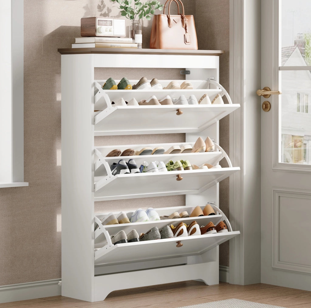 Scarpiera salvaspazio con 3 ribalte 87 x 26 x 120 cm in MDF bianco con piano marrone