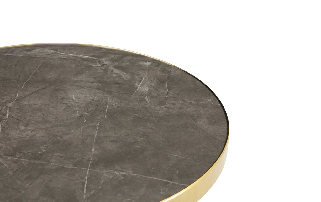 Tavolino basso rotondo con piano effetto marmo e bordo oro, base stabile, in MDF, grigio 73.5 × 71.0 × 24.0 cm