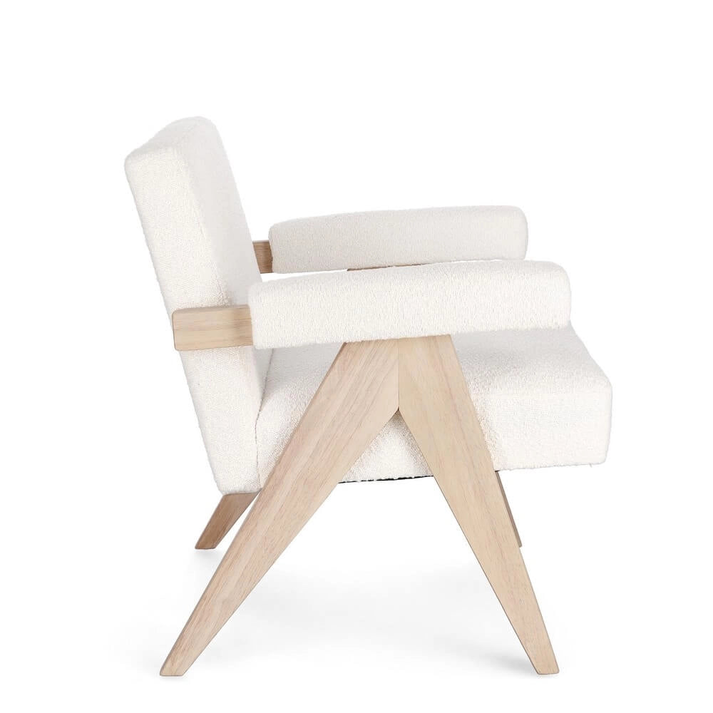 Poltrona con Braccioli in Tessuto Bouclé e Gambe in Legno - YVONNE