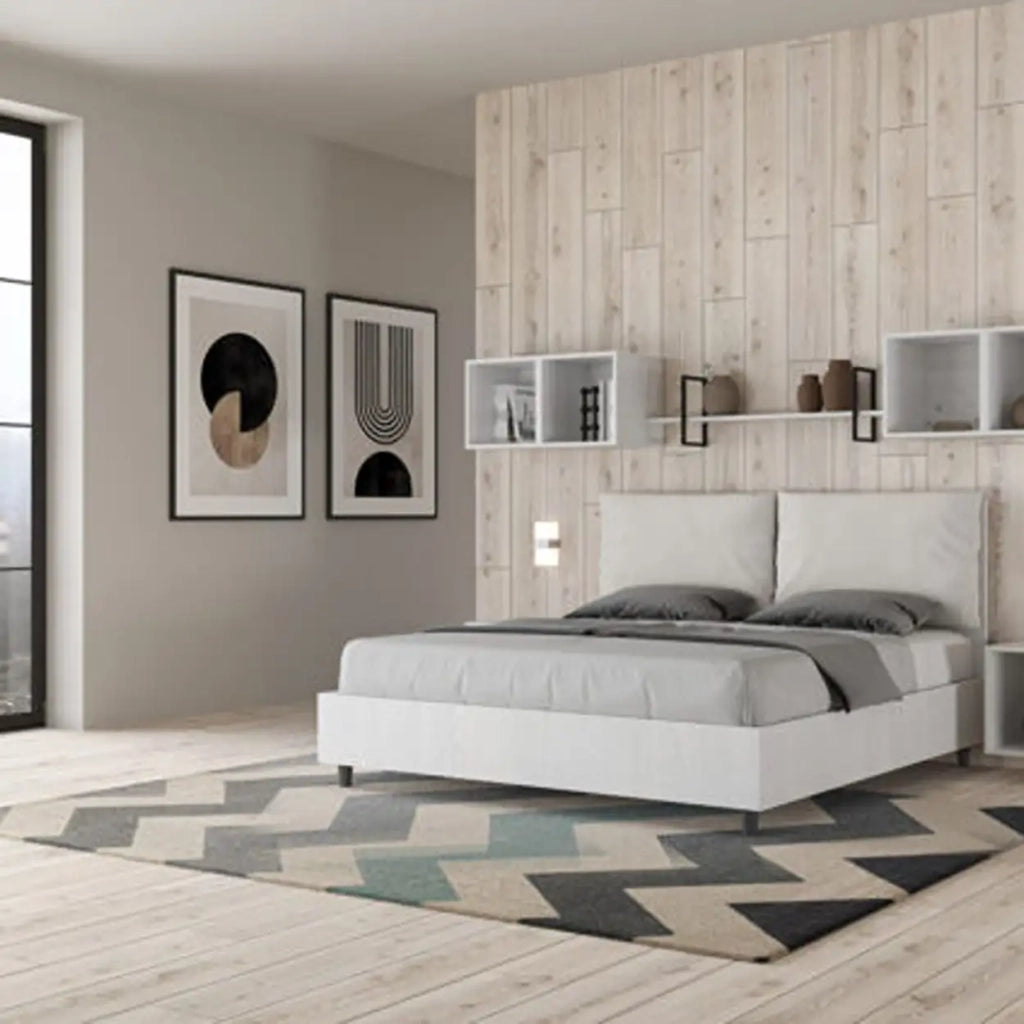 Letto matrimoniale contenitore 160x190 bianco frassino cuscini similpelle bianco Egos Antea