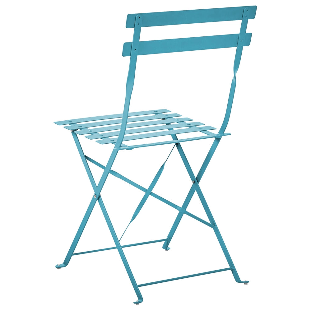 Set da balcone 3 elementi tavolo e sedie rotonde da esterno in acciaio blu pieghevole all'aperto