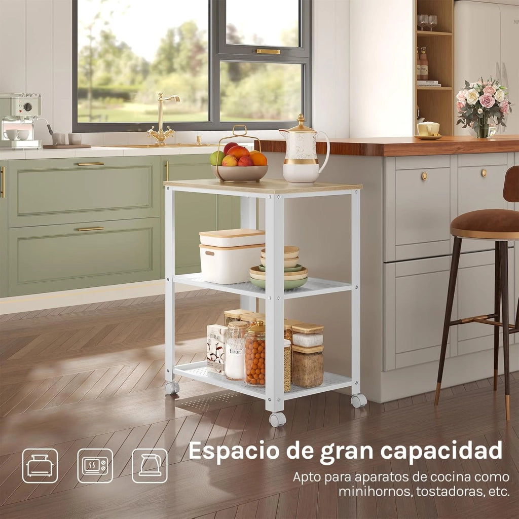 Carrello da Cucina a 3 Ripiani, con 4 Ruote Girevoli, per Cucina, Sala da Pranzo, Soggiorno, Legno e Metallo, 60x40x76cm (Bianco+Rovere Chiaro)