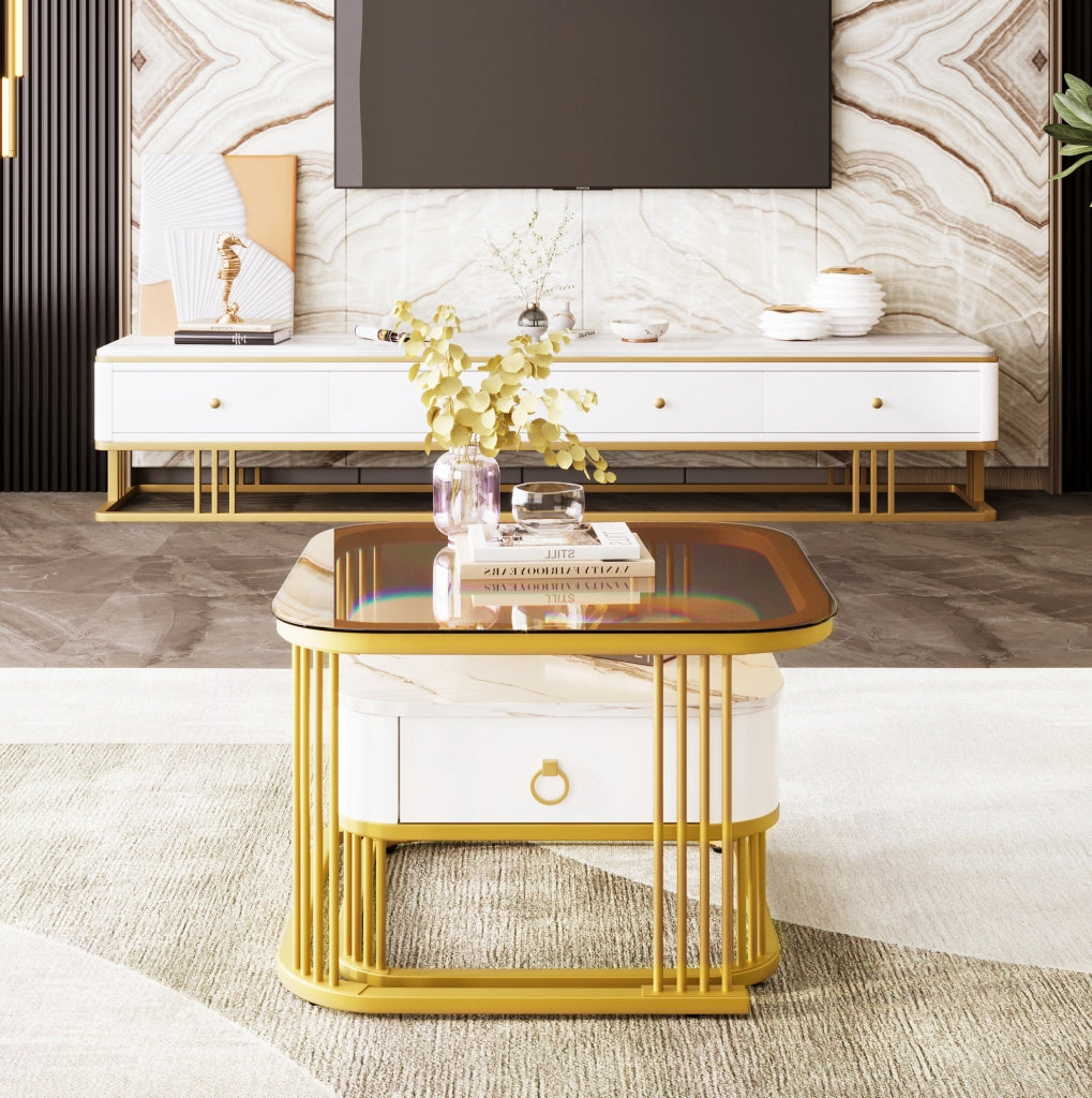 TAVOLINI DA SALOTTO Set 2 pezzi 60x60x44,5 cm + 50x50x34,5 cm MDF Bianco/Oro
