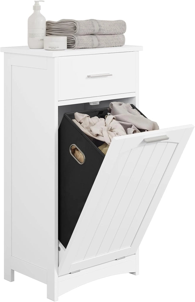 Mobile da Bagno con Portabiancheria, Cesto Portabiancheria, Mobiletto da Bagno con Cassetto, Portabiancheria a 2 Scomparti, in MDF e Tessuto, Bianco, 42x30x82cm