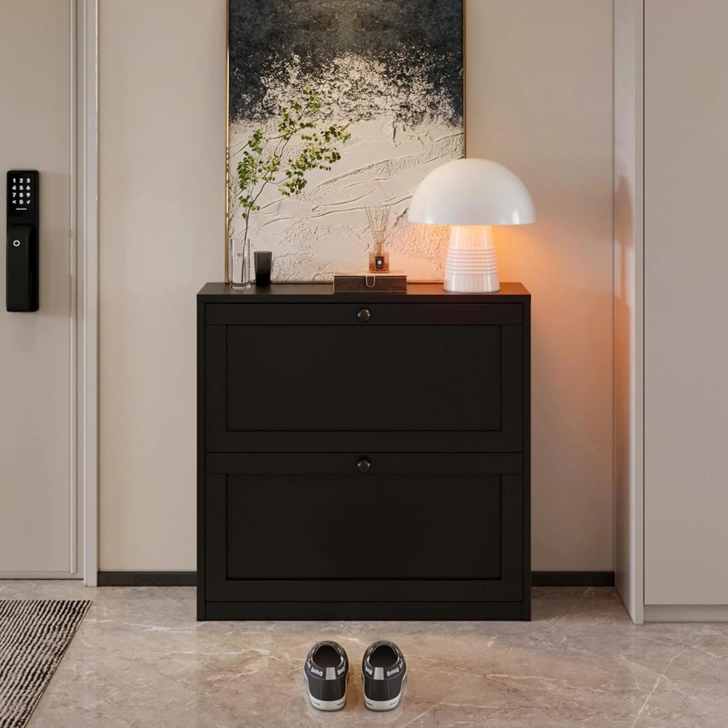 Scarpiera Portascarpe in Legno, Scarpiera Slim, Ingresso, Regolabili, con 2 Ante a Ribalta e Doppia Profondita, 80x80x24 cm (LxAxP), per Ingresso Casa (Nero)