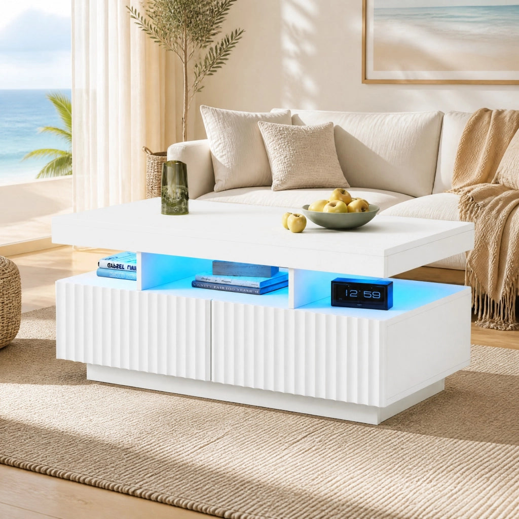 Tavolino basso con due cassetti, vano centrale aperto e LED, in pannello truciolare bianco 100 × 50 × 45 cm