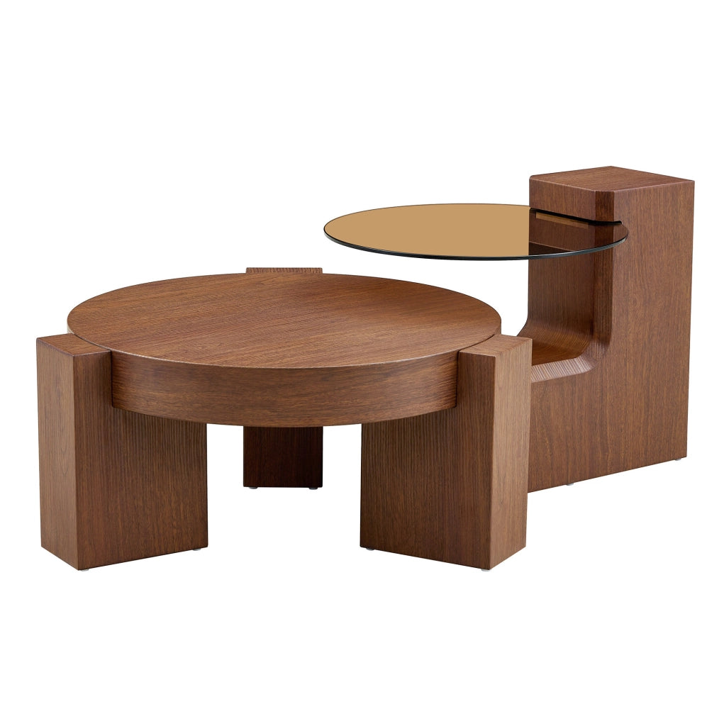 Tavolino da caffè rotondo a due livelli in MDF effetto noce e vetro marrone; 61 cm