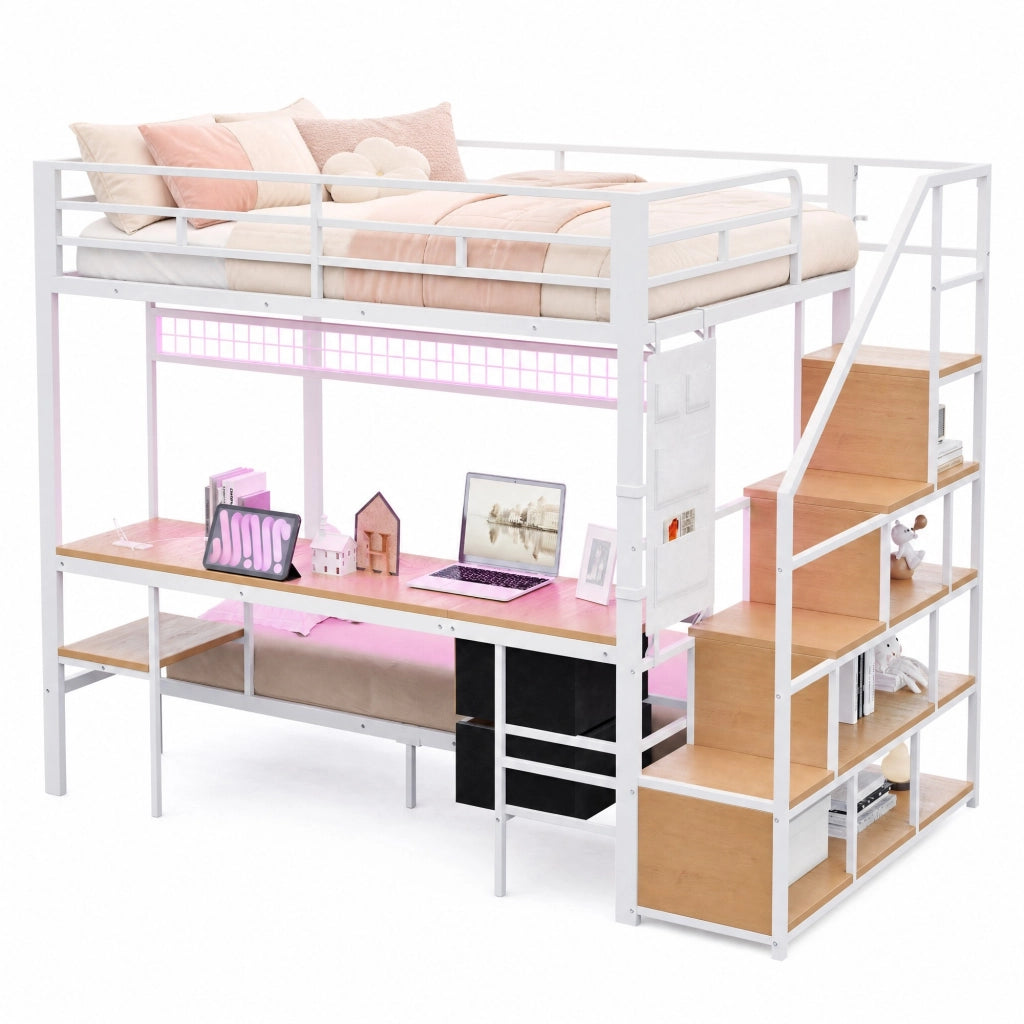 DESMIU Letto a soppalco 2 posti con scrivania, LED, prese, vano portaoggetti e 2 cassetti 140 × 200 e 90 × 200 cm senza materasso